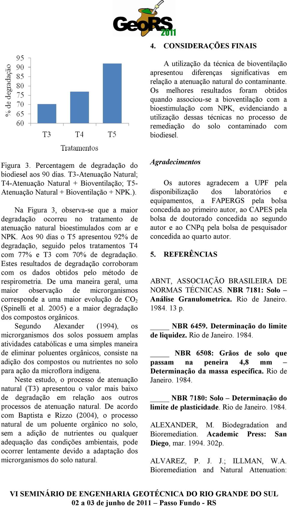 biodiesel. Figura 3. Percentagem de degradação do biodiesel aos 90 dias. T3-Atenuação Natural; T4-Atenuação Natural + Bioventilação; T5- Atenuação Natural + Bioventilação + NPK.).