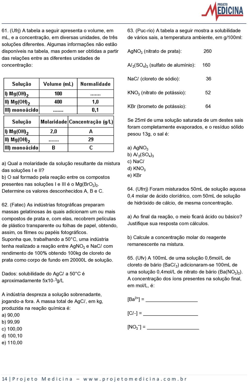 (Puc-rio) A tabela a seguir mostra a solubilidade de vários sais, a temperatura ambiente, em g/100ml: AgNOƒ (nitrato de prata): 260 AØ (SO )ƒ (sulfato de alumínio): 160 NaCØ (cloreto de sódio): 36