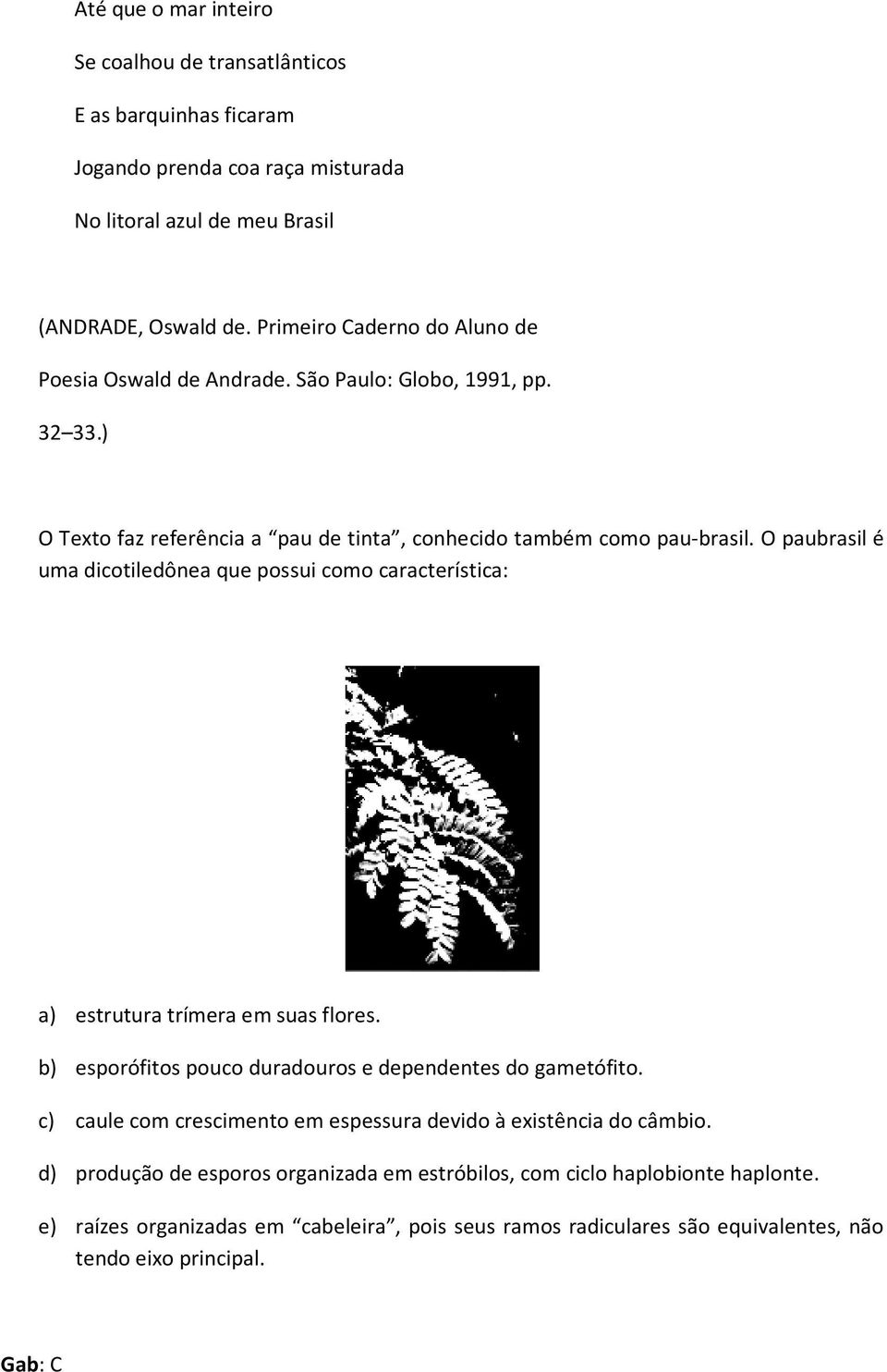 O paubrasil é uma dicotiledônea que possui como característica: a) estrutura trímera em suas flores. b) esporófitos pouco duradouros e dependentes do gametófito.