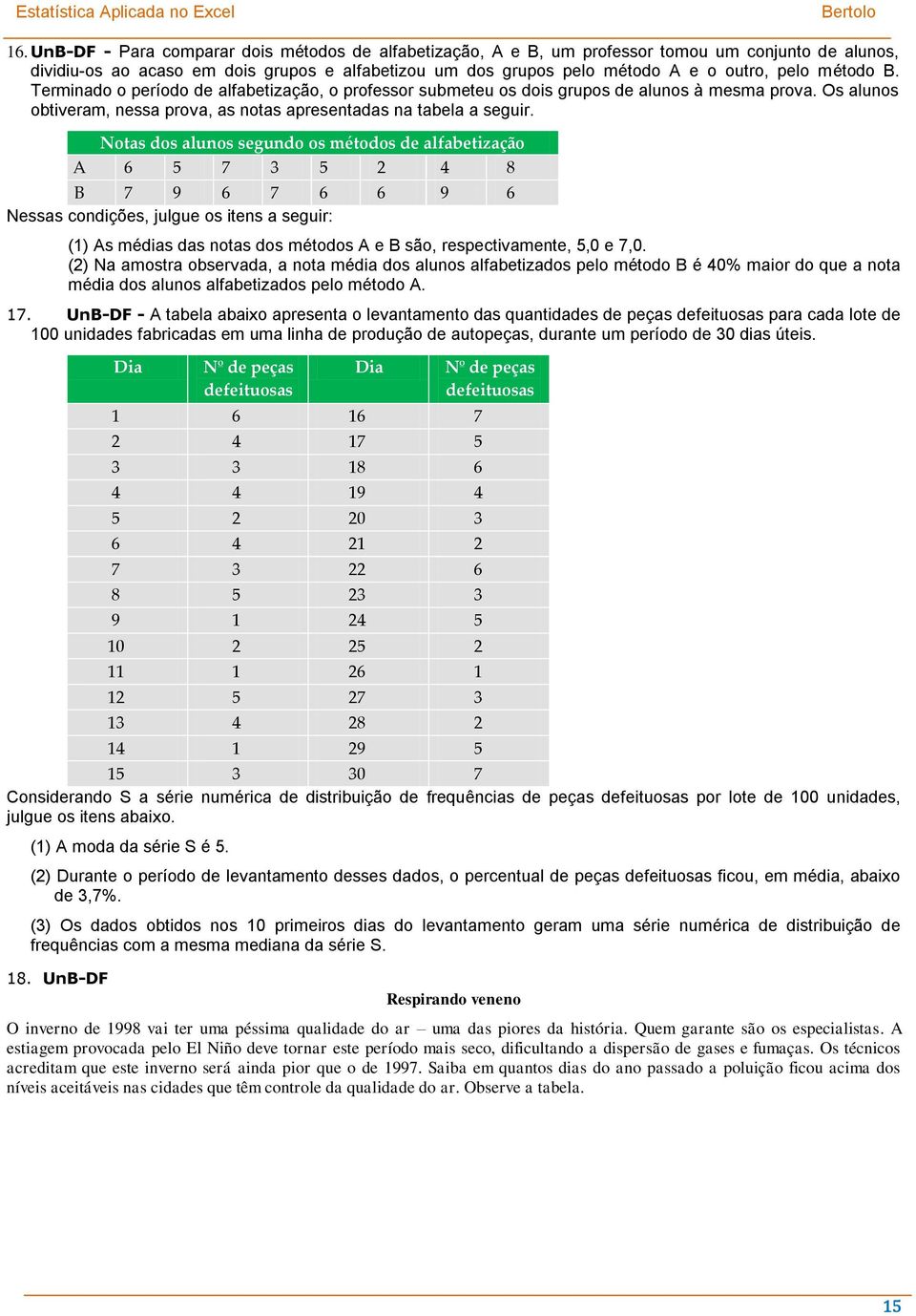 Notas dos alunos segundo os métodos de alfabetização A 6 5 7 3 5 2 4 8 B 7 9 6 7 6 6 9 6 Nessas condições, julgue os itens a seguir: (1) As médias das notas dos métodos A e B são, respectivamente,