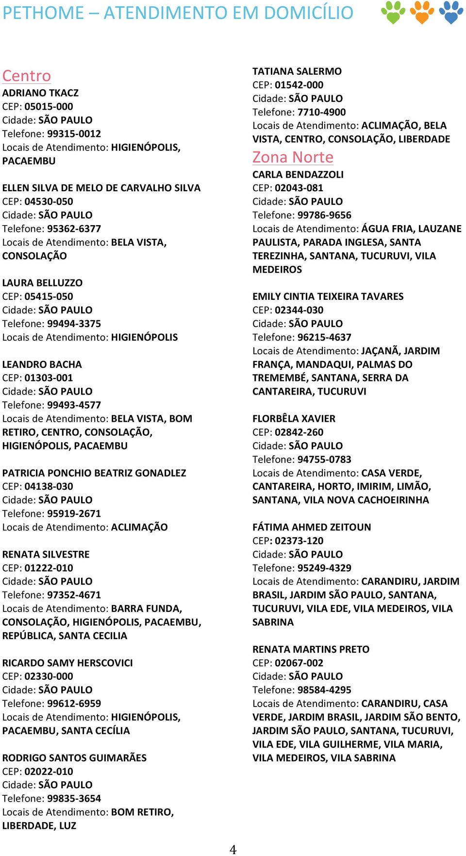 Locais de Atendimento: BELA VISTA, BOM RETIRO, CENTRO, CONSOLAÇÃO, HIGIENÓPOLIS, PACAEMBU PATRICIA PONCHIO BEATRIZ GONADLEZ CEP: 04138-030 Telefone: 95919-2671 Locais de Atendimento: ACLIMAÇÃO RENATA