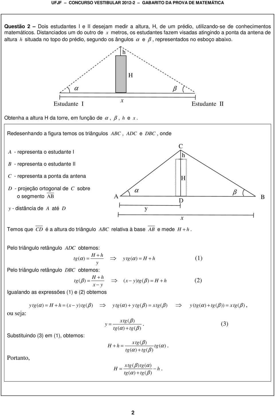 α β Estudante I x Estudante II Obtena a altura da torre, em função de α, β, e x.