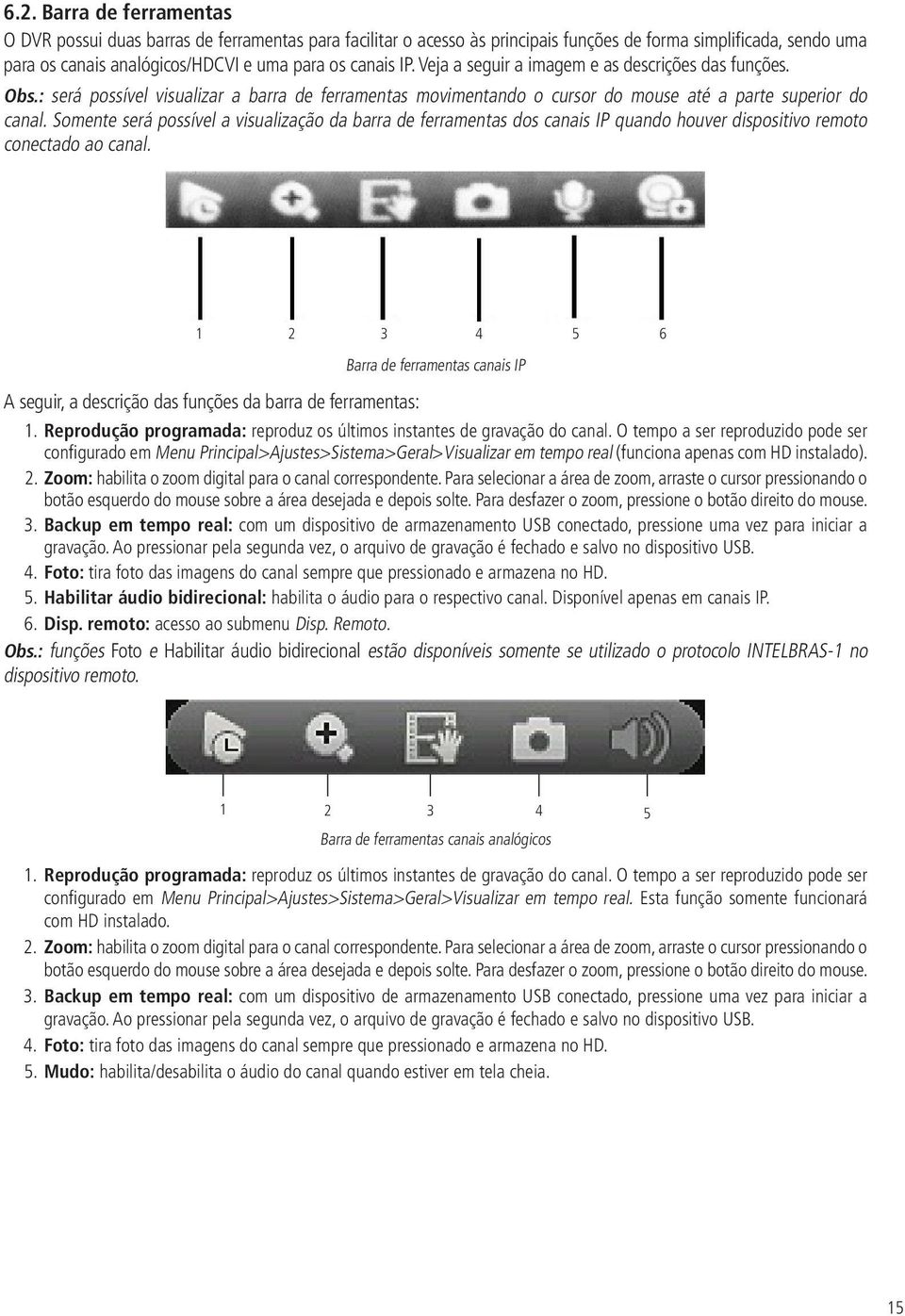 Somente será possível a visualização da barra de ferramentas dos canais IP quando houver dispositivo remoto conectado ao canal.