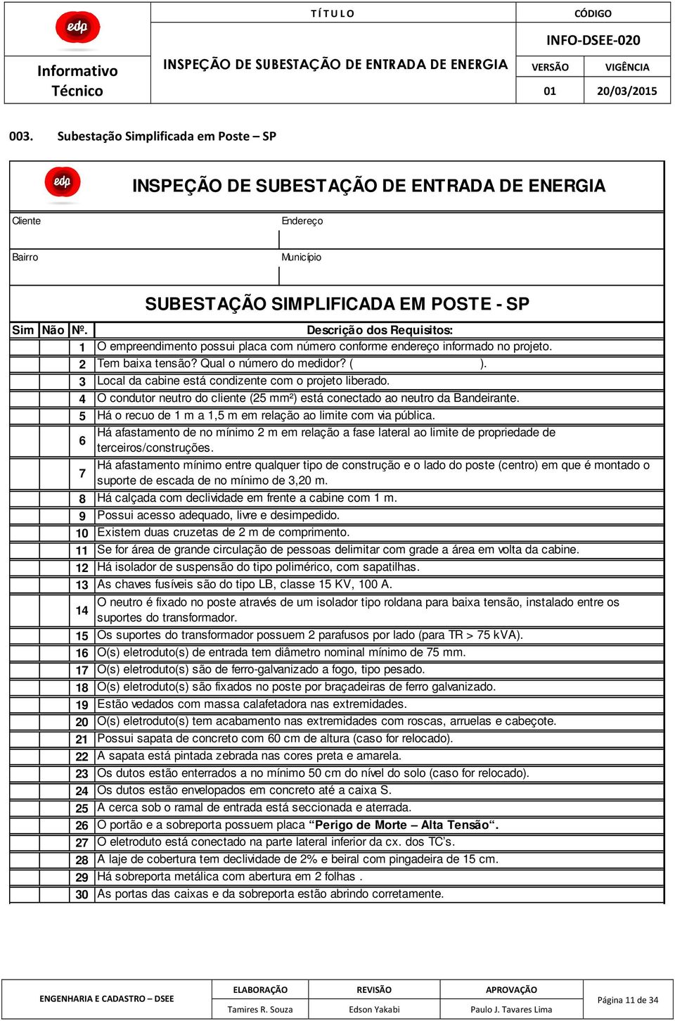 dos Requisitos: O empreendimento possui placa com número conforme endereço informado no projeto. Tem baixa tensão? Qual o número do medidor? ( ).