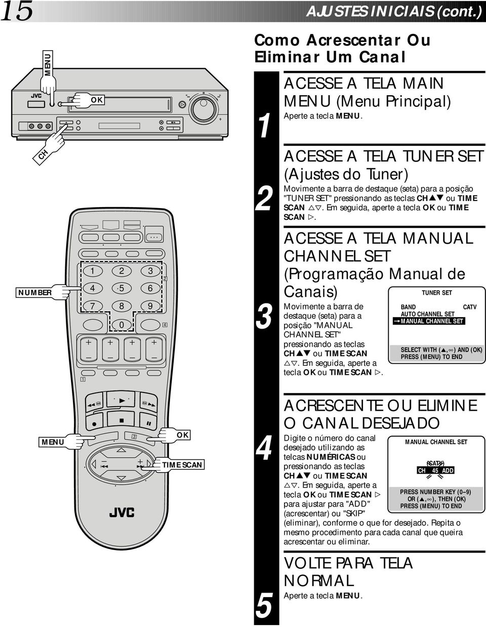 ACESSE A TELA MANUAL CHANNEL SET (Programação Manual de Canais) TUNER SET a barra de destaque (seta) para a posição "MANUAL CHANNEL SET" pressionando as teclas CH ou TIME SCAN %fi.