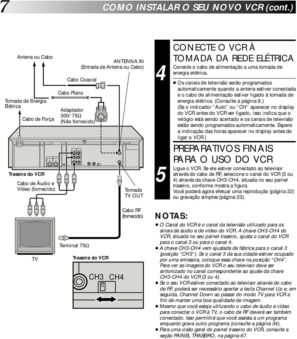 Cabo) Tomada TV OUT Conecte 5 Ligue CONECTE O VCR À TOMADA DA REDE ELÉTRICA o cabo de alimentação a uma tomada de energia elétrica.