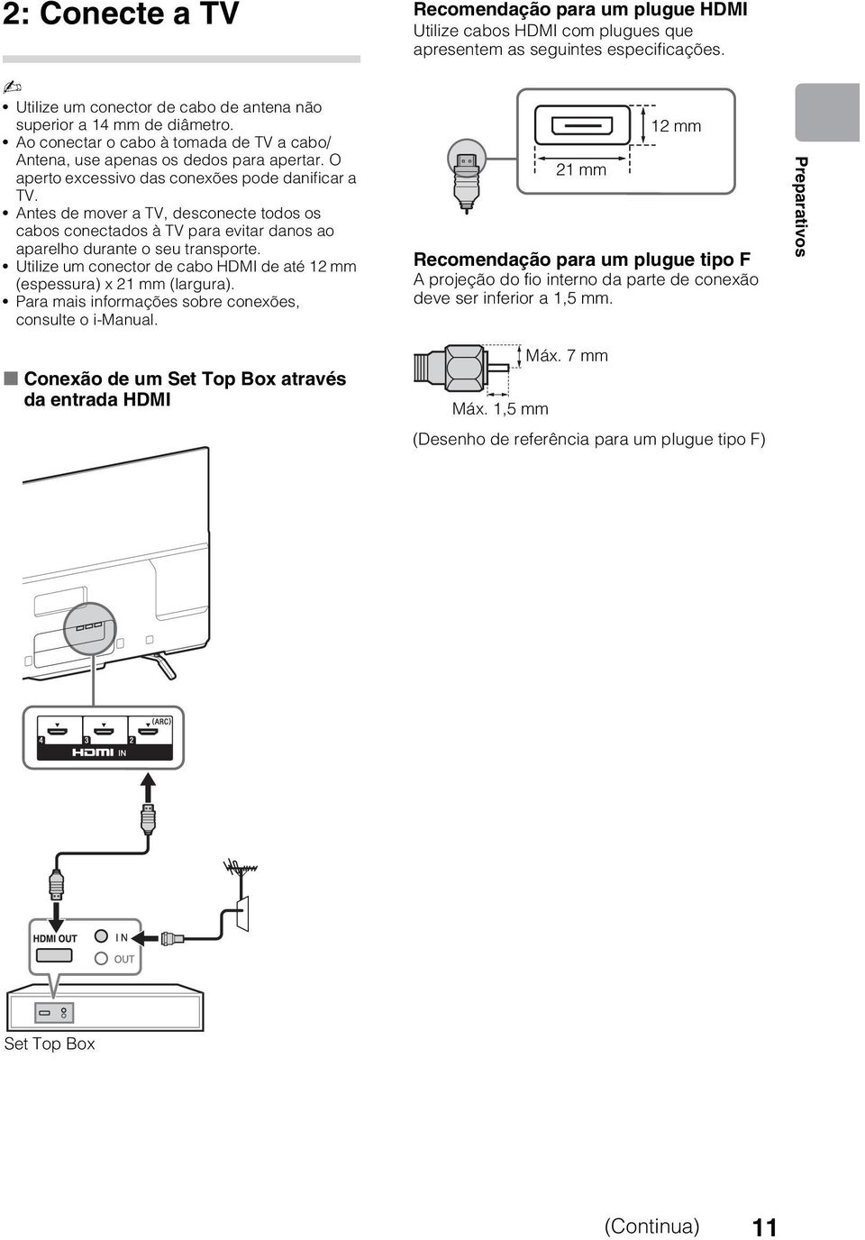 Antes de mover a TV, desconecte todos os cabos conectados à TV para evitar danos ao aparelho durante o seu transporte. Utilize um conector de cabo HDMI de até 12 mm (espessura) x 21 mm (largura).