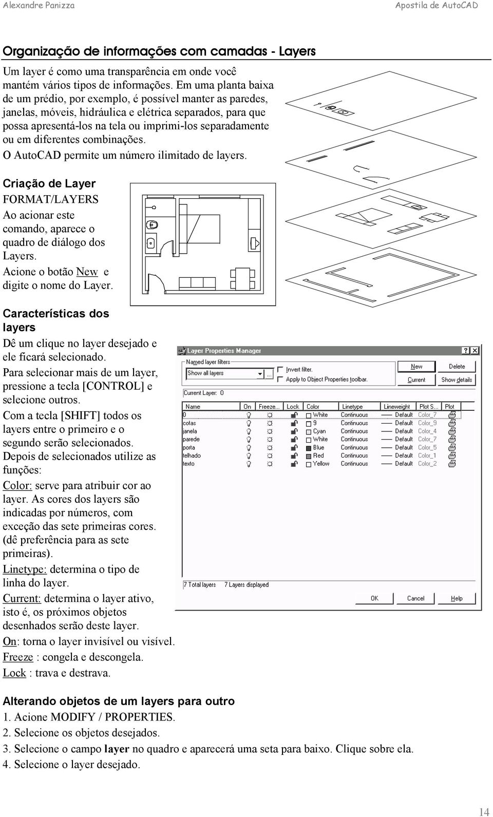 diferentes combinações. O AutoCAD permite um número ilimitado de layers. Criação de Layer FORMAT/LAYERS Ao acionar este comando, aparece o quadro de diálogo dos Layers.