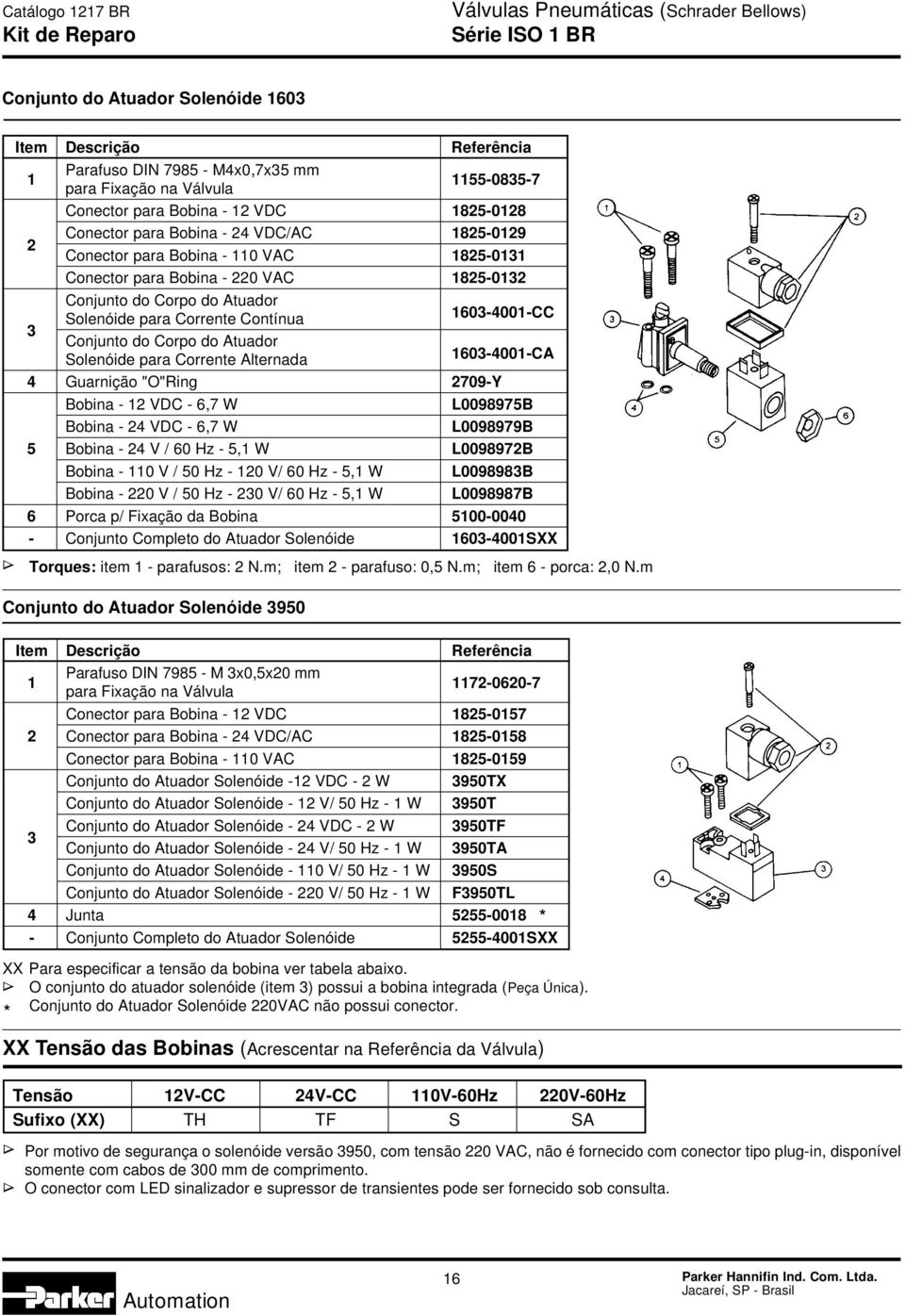 Corrente Contínua 1603-4001-CC Conjunto do Corpo do Atuador Solenóide para Corrente Alternada 1603-4001-CA 4 Guarnição "O"Ring 2709-Y Bobina - 12 VDC - 6,7 W L0098975B Bobina - 24 VDC - 6,7 W