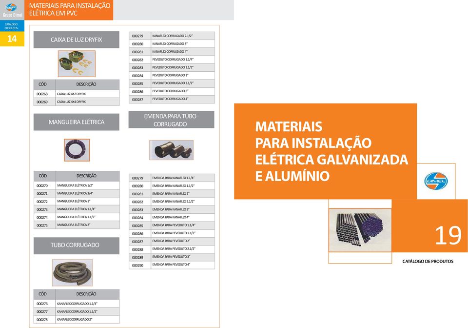 1/2 000268 000269 CAIXA LUZ 4X2 DRYFIX CAIXA LUZ 4X4 DRYFIX 000286 000287 PEVEDUTO CORRUGADO 3 PEVEDUTO CORRUGADO 4 MANGUEIRA ELÉTRICA 000270 MANGUEIRA ELÉTRICA 1/2 000279 000280 EMENDA PARA TUBO