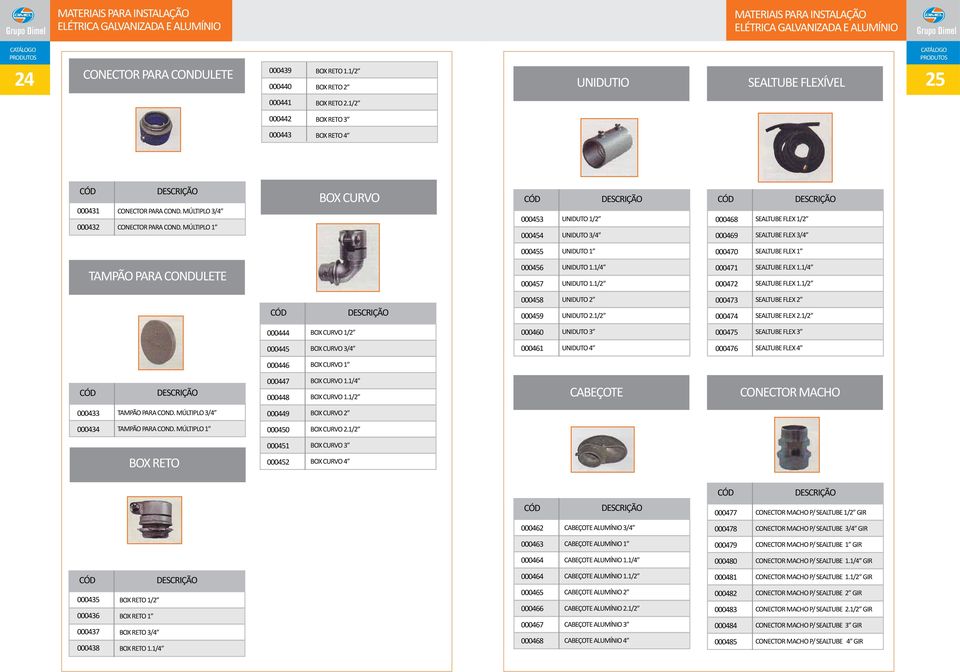 MÚLTIPLO 1 BOX CURVO 000453 000454 UNIDUTO 1/2 UNIDUTO 3/4 000468 000469 SEALTUBE FLEX 1/2 SEALTUBE FLEX 3/4 000455 UNIDUTO 1 000470 SEALTUBE FLEX 1 TAMPÃO PARA CONDULETE 000456 000457 UNIDUTO 1.