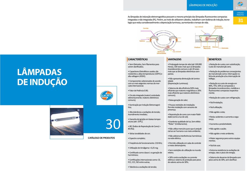 31 CARACTERÍSTICAS VANTAGENS BENEFÍCIOS LÂMPADAS DE INDUÇÃO 30 DE Sem Eletrodos, Sem filamentos para serem danificados; Capacitores Eletrolíticos usados são resistentes a altaa temperaturas (105ºC) e