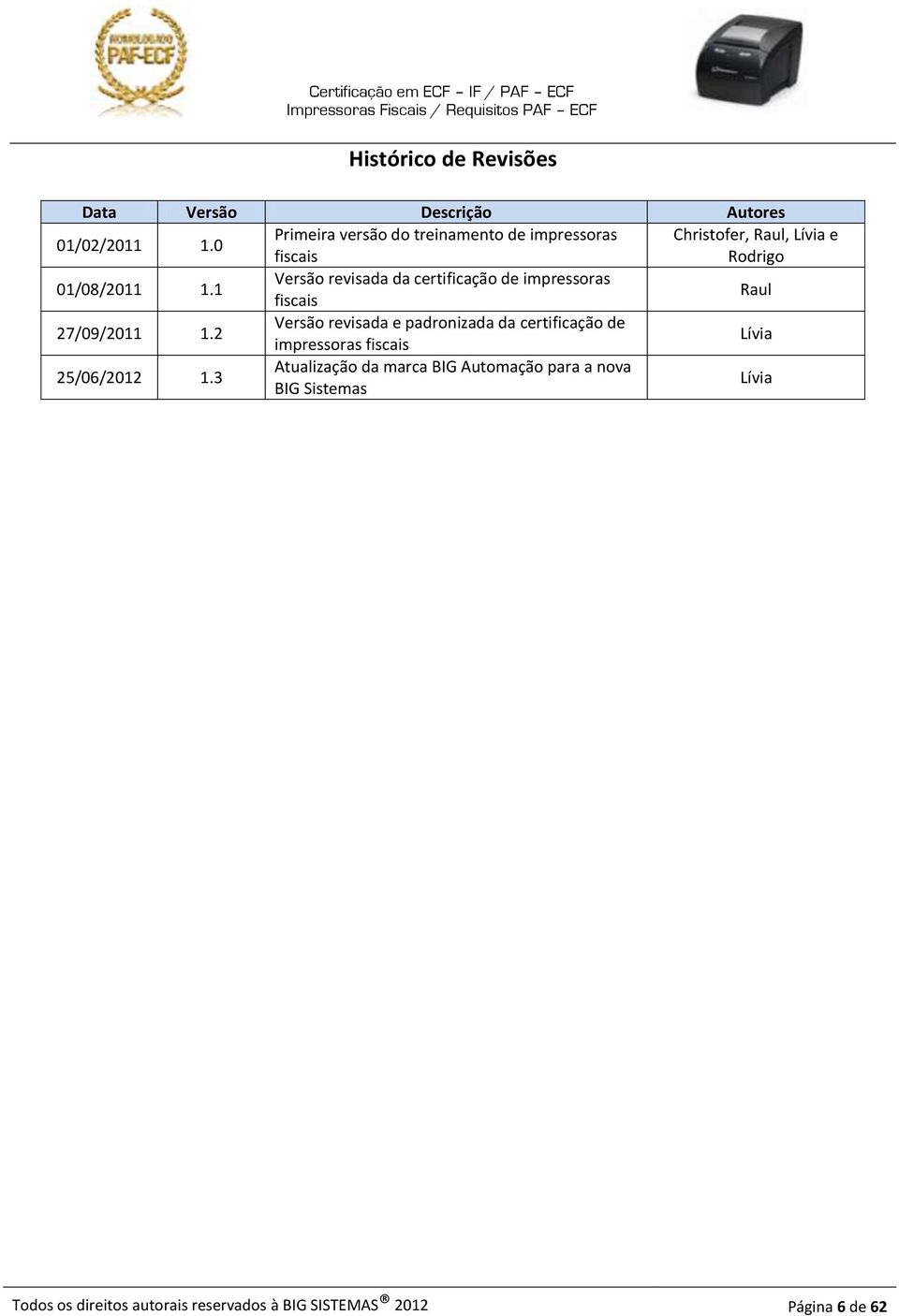 1 Versão revisada da certificação de impressoras fiscais Raul 27/09/2011 1.