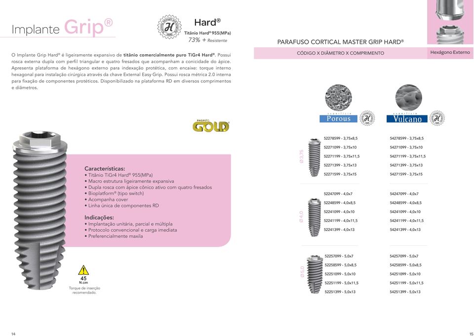 Apresenta plataforma de hexágono externo para indexação protética, com encaixe: torque interno hexagonal para instalação cirúrgica através da chave External Easy Grip. Possui rosca métrica 2.