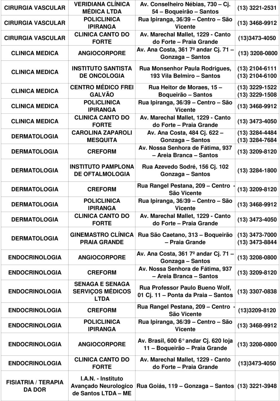 71 Gonzaga (13) 3221-2531 (13)3473-4050 CLINICA MEDICA INSTITUTO SANTISTA DE ONCOLOGIA Rua Monsenhor Paula Rodrigues, 193 Vila Belmiro CLINICA MEDICA CLINICA MEDICA CLINICA MEDICA DERMATOLOGIA