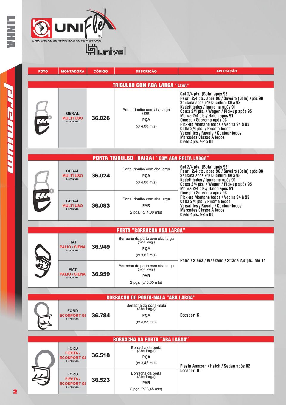 / Hatch após 91 Omega / Suprema após 93 Pick-up Montana todos / Vectra 94 à 95 Celta 2/4 pts. / Prisma todos Versailles / Royale / Contour todos Mercedes Classe A todos Cielo 4pts.