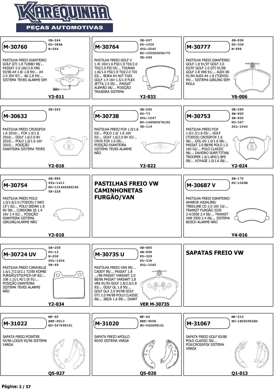 .. POSIÇÃO TRASEIRA SISTEMA SB-267 PD-1030 SYL-2040 NO-1055X560X170 TK-599 Y2-033 M-30777 PASTILHA FREIO DIANTEIRO GOLF 1.8 91/97 GOLF 2.0 93/97 GOLF 2.0 GTI 91/98 GOLF 2.8 VR6 91/.