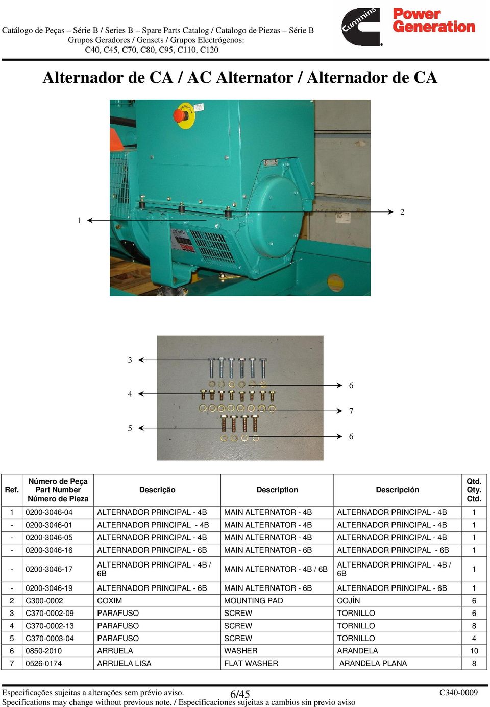 6B MAIN ALTERNATOR - 6B ALTERNADOR PRINCIPAL - 6B - 0200-3046-7 ALTERNADOR PRINCIPAL - 4B / 6B MAIN ALTERNATOR - 4B / 6B ALTERNADOR PRINCIPAL - 4B / 6B - 0200-3046-9 ALTERNADOR PRINCIPAL - 6B MAIN