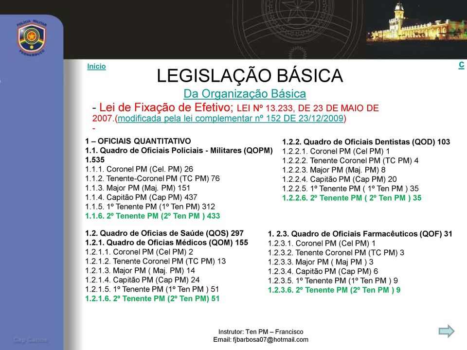 2.2. Quadro de Ofiiais Dentistas (QOD) 103 1.2.2.1. Coronel PM (Cel PM) 1 1.2.2.2. Tenente Coronel PM (TC PM) 4 1.2.2.3. Major PM (Maj. PM) 8 1.2.2.4. Capitão PM (Cap PM) 20 1.2.2.5.