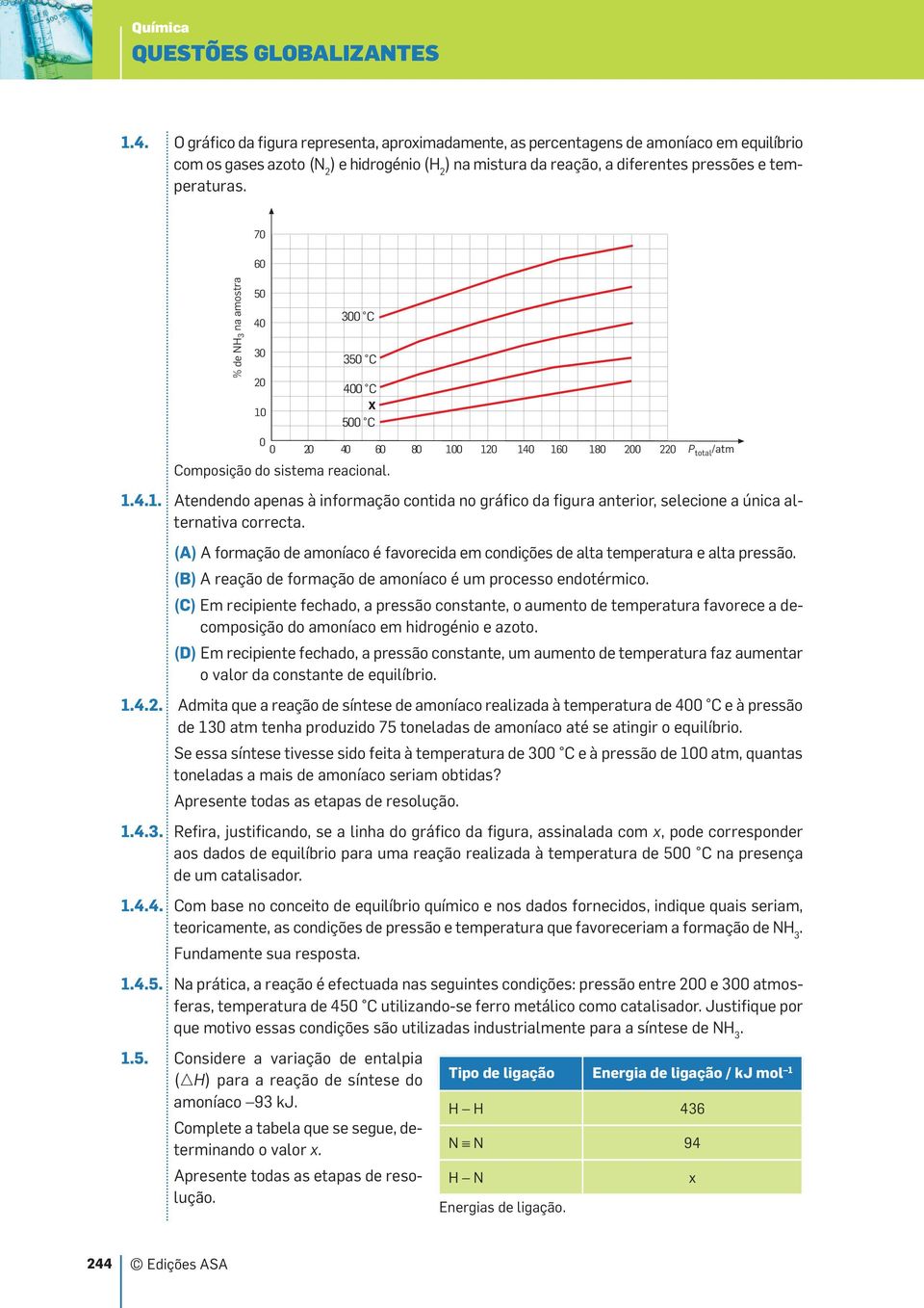 no gráfico da figura anterior, selecione a única alternativa correcta (A) A formação de amoníaco é favorecida em condições de alta temperatura e alta pressão (B) A reação de formação de amoníaco é um