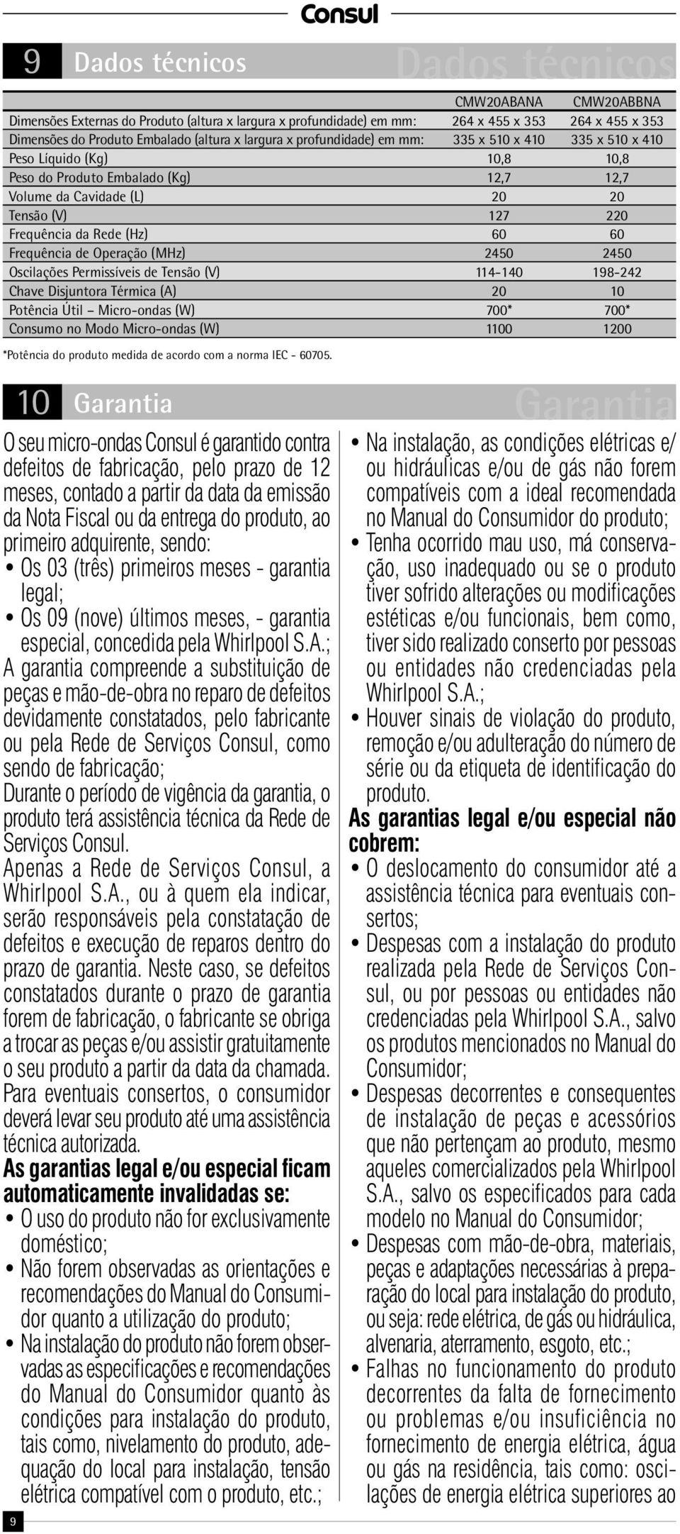 ; A garantia compreende a substituição de peças e mão-de-obra no reparo de defeitos devidamente constatados, pelo fabricante ou pela Rede de Serviços Consul, como sendo de fabricação; Durante o