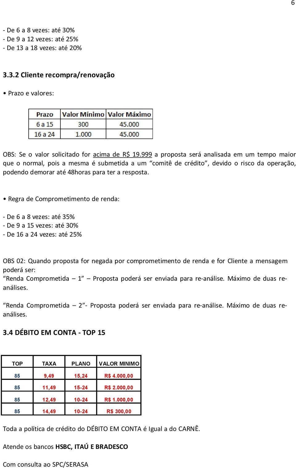 Regra de Comprometimento de renda: - De 6 a 8 vezes: até 35% - De 9 a 15 vezes: até 30% - De 16 a 24 vezes: até 25% OBS 02: Quando proposta for negada por comprometimento de renda e for Cliente a