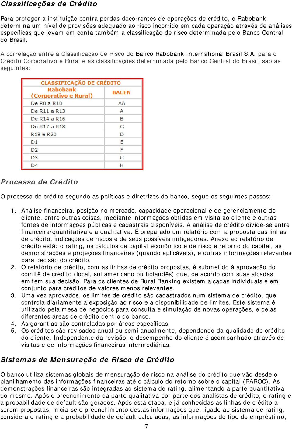 A correlação entre a Classificação de Risco do Banco Rabobank International Brasil S.A. para o Crédito Corporativo e Rural e as classificações determinada pelo Banco Central do Brasil, são as