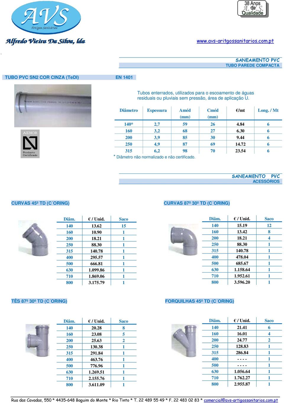 54 6 * Diâmetro não normalizado e não certificado. SANEAMENTO PVC ACESSÓRIOS CURVAS 45º TD (C ORING) CURVAS 87º 30º TD (C ORING) 140 13.62 15 160 10.90 1 200 18.21 1 250 88.30 1 315 140.78 1 400 295.