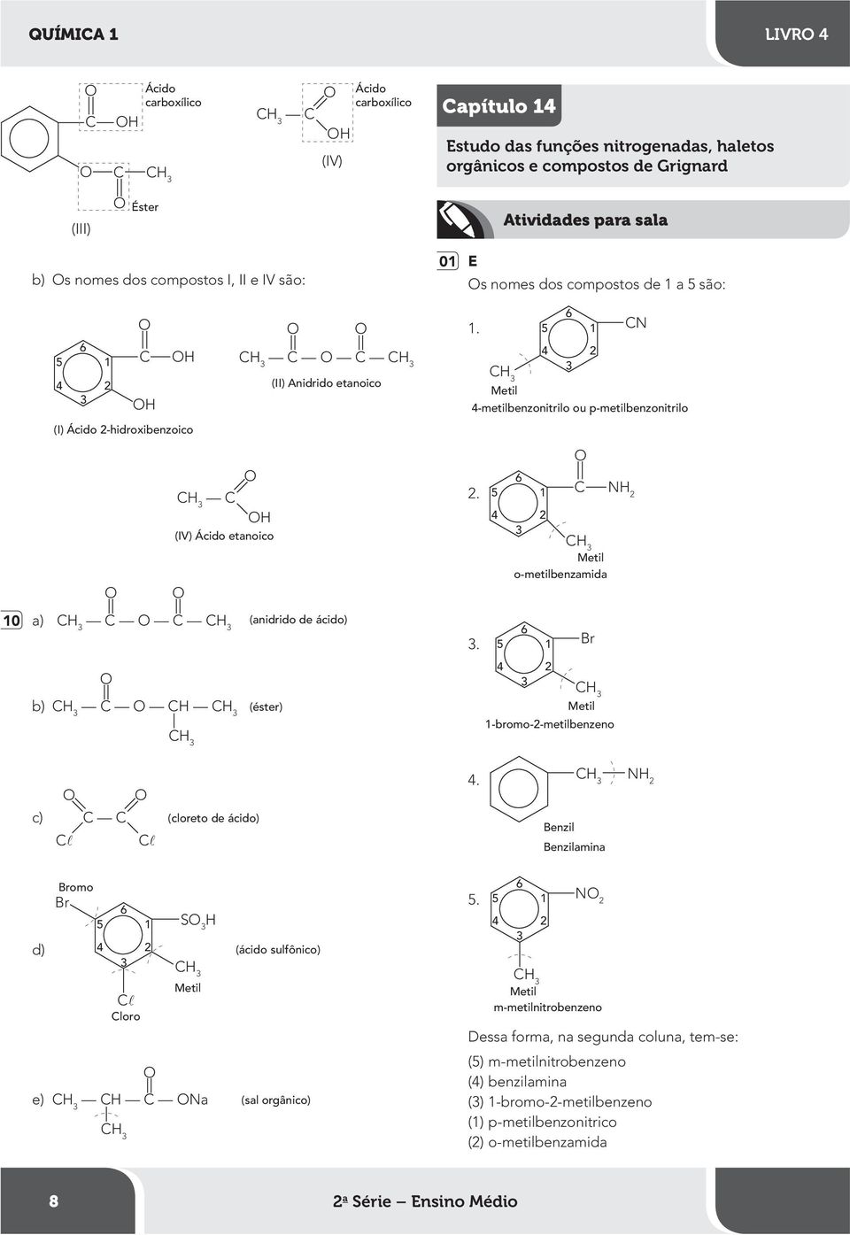 N o-metilbenzamida 0 a) b) (anidrido de ácido) (éster). Br -bromo--metilbenzeno c) (cloreto de ácido). Benzil Benzilamina N Bromo Br S d) loro e) Na (ácido sulfônico) (sal orgânico).