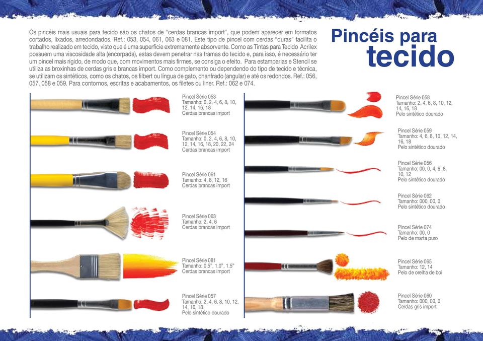 Como as Tintas para Tecido Acrilex possuem uma viscosidade alta (encorpada), estas devem penetrar nas tramas do tecido e, para isso, é necessário ter um pincel mais rígido, de modo que, com