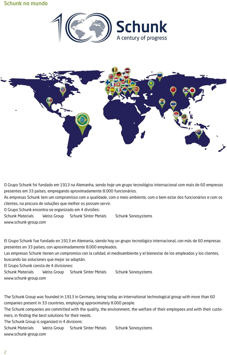 O Grupo Schunk encontra-se organizado em 4 divisões: Schunk Materials Weiss Group Schunk Sinter Metals Schunk Sonosystems www.schunk-group.