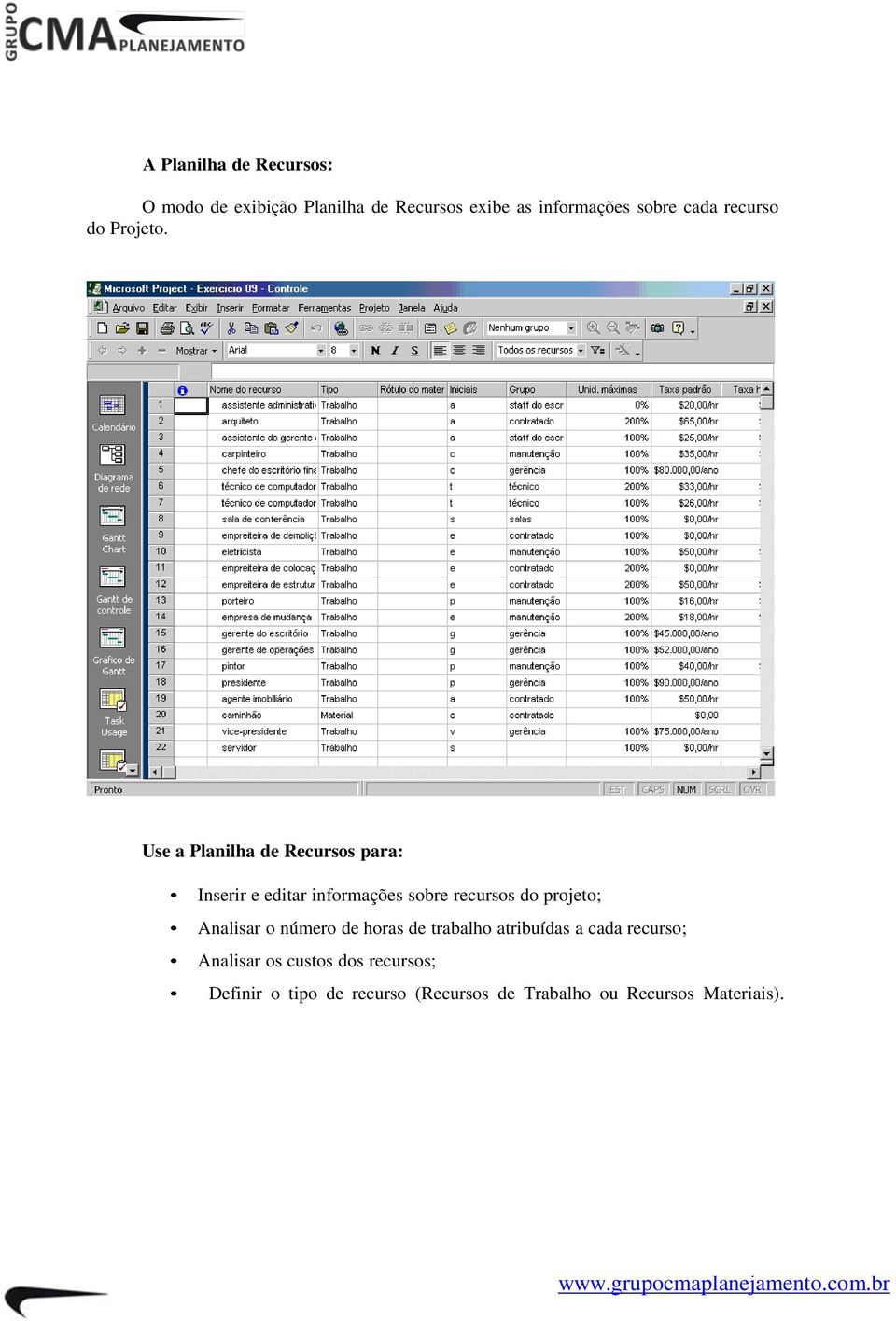 Use a Planilha de Recursos para: Inserir e editar informações sobre recursos do projeto;