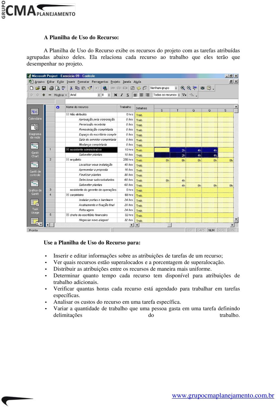 Use a Planilha de Uso do Recurso para: Inserir e editar informações sobre as atribuições de tarefas de um recurso; Ver quais recursos estão superalocados e a porcentagem de superalocação.