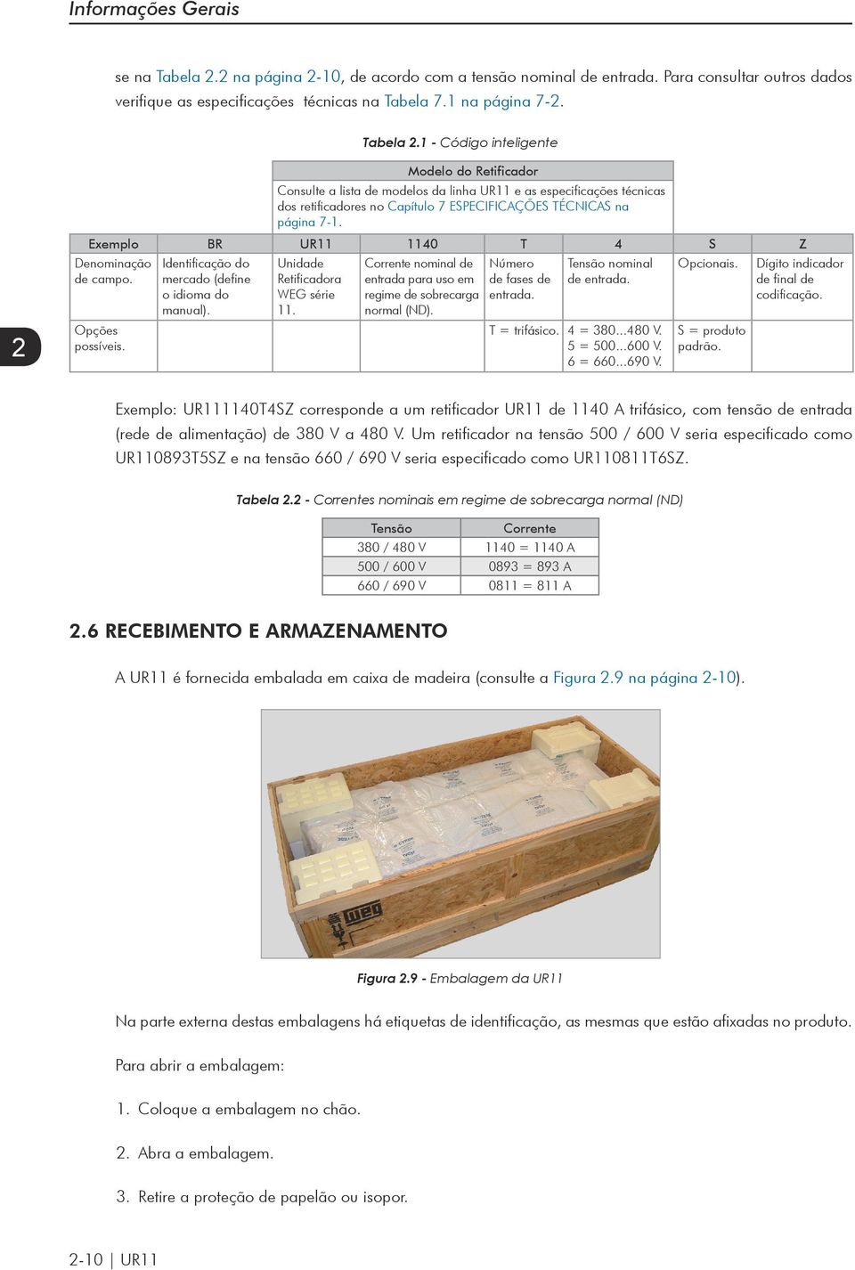 1 - Código inteligente 2 Modelo do Retificador Consulte a lista de modelos da linha UR11 e as especificações técnicas dos retificadores no Capítulo 7 ESPECIFICAÇÕES TÉCNICAS na página 7-1.