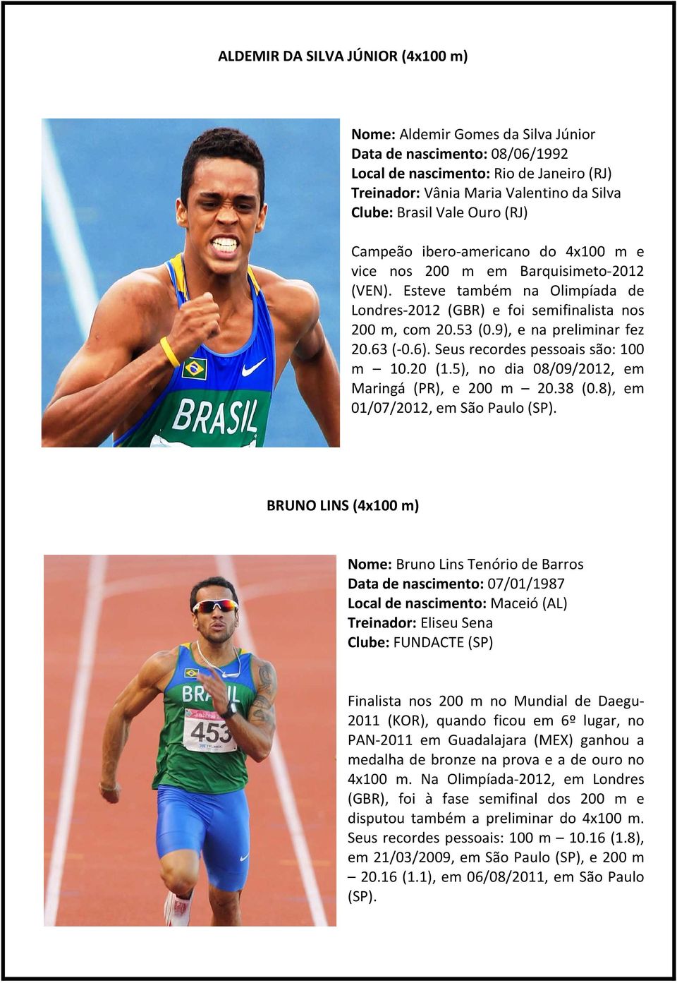 9), e na preliminar fez 20.63 (-0.6). Seus recordes pessoais são: 100 m 10.20 (1.5), no dia 08/09/2012, em Maringá (PR), e 200 m 20.38 (0.8), em 01/07/2012, em São Paulo (SP).