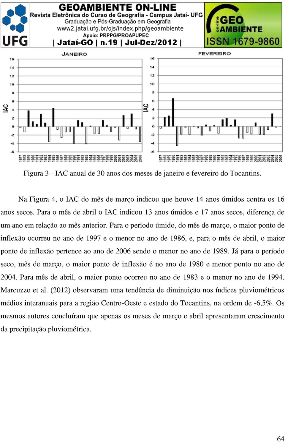 Para o período úmido, do mês de março, o maior ponto de inflexão ocorreu no ano de 1997 e o menor no ano de 1986, e, para o mês de abril, o maior ponto de inflexão pertence ao ano de 2006 sendo o