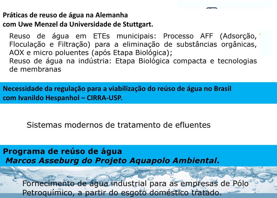 Biológica); Reuso de água na indústria: Etapa Biológica compacta e tecnologias de membranas Necessidade da regulação para a viabilização do reúso de água no Brasil