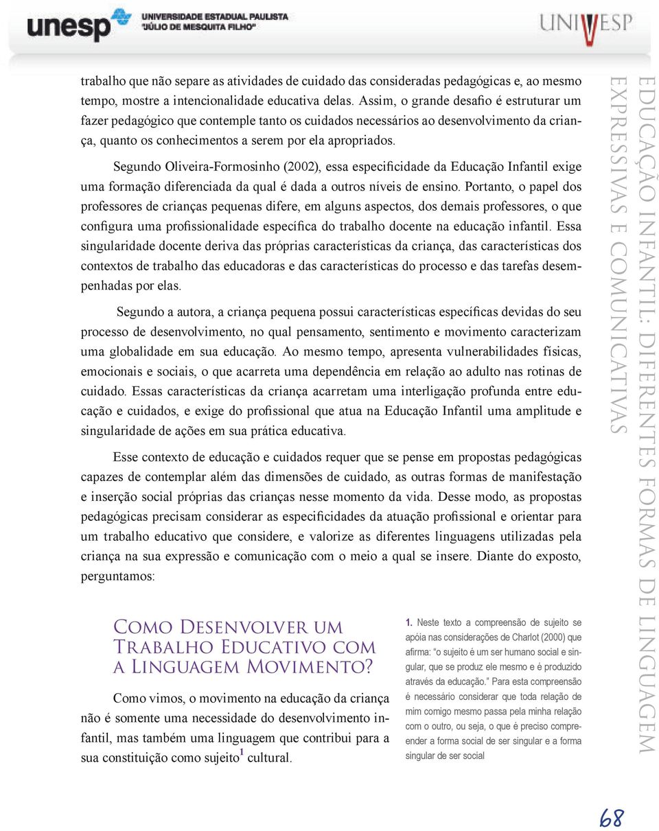 Segundo Oliveira-Formosinho (2002), essa especificidade da Educação Infantil exige uma formação diferenciada da qual é dada a outros níveis de ensino.