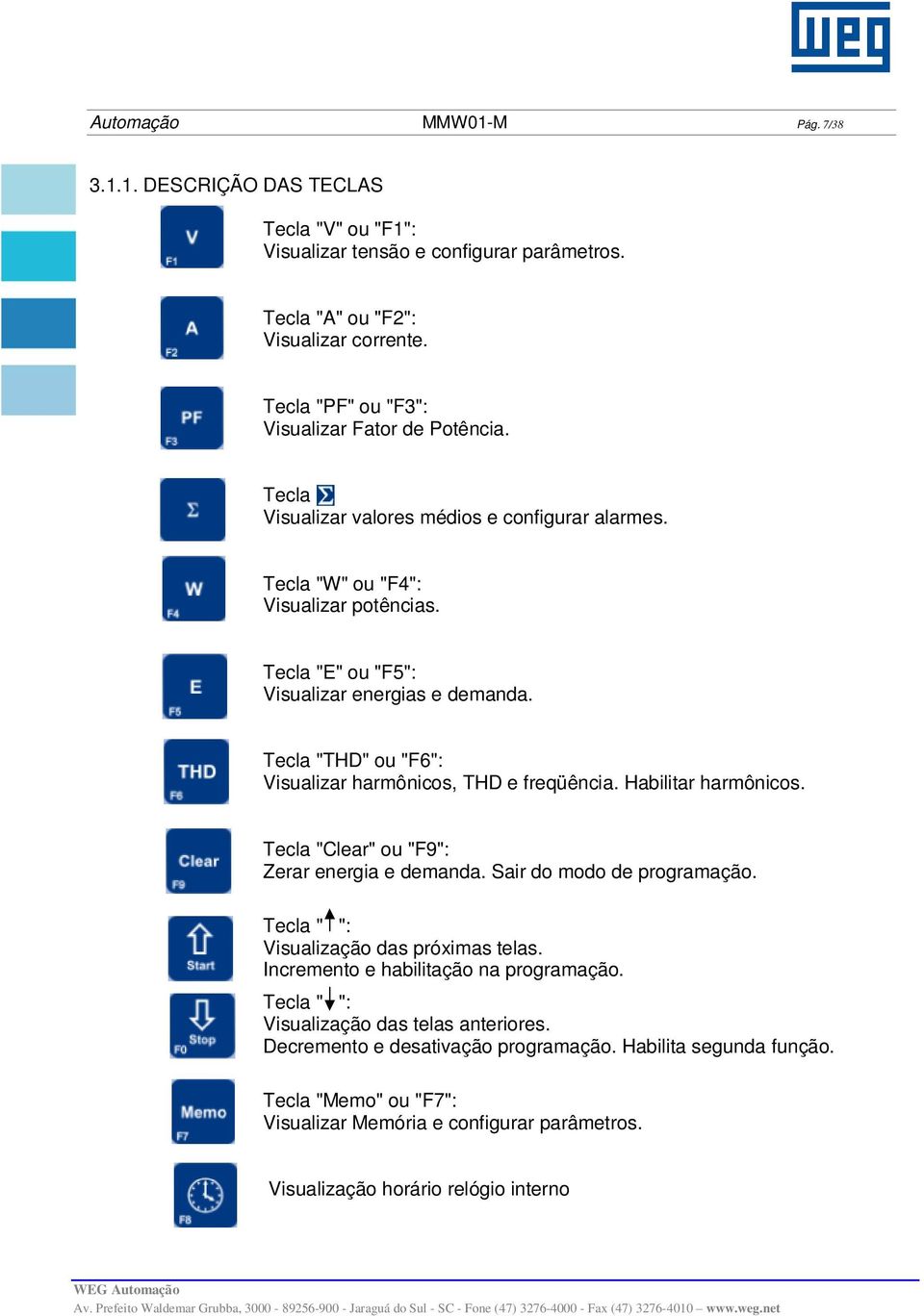 Tecla "THD" ou "F6": Visualizar harmônicos, THD e freqüência. Habilitar harmônicos. Tecla "Clear" ou "F9": Zerar energia e demanda. Sair do modo de programação.