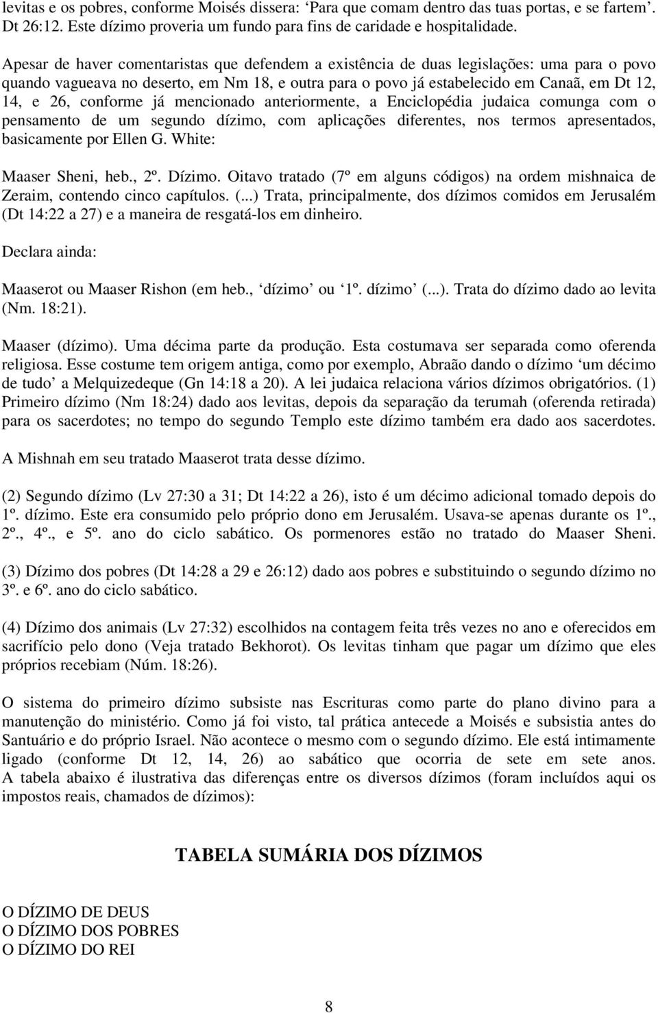 conforme já mencionado anteriormente, a Enciclopédia judaica comunga com o pensamento de um segundo dízimo, com aplicações diferentes, nos termos apresentados, basicamente por Ellen G.