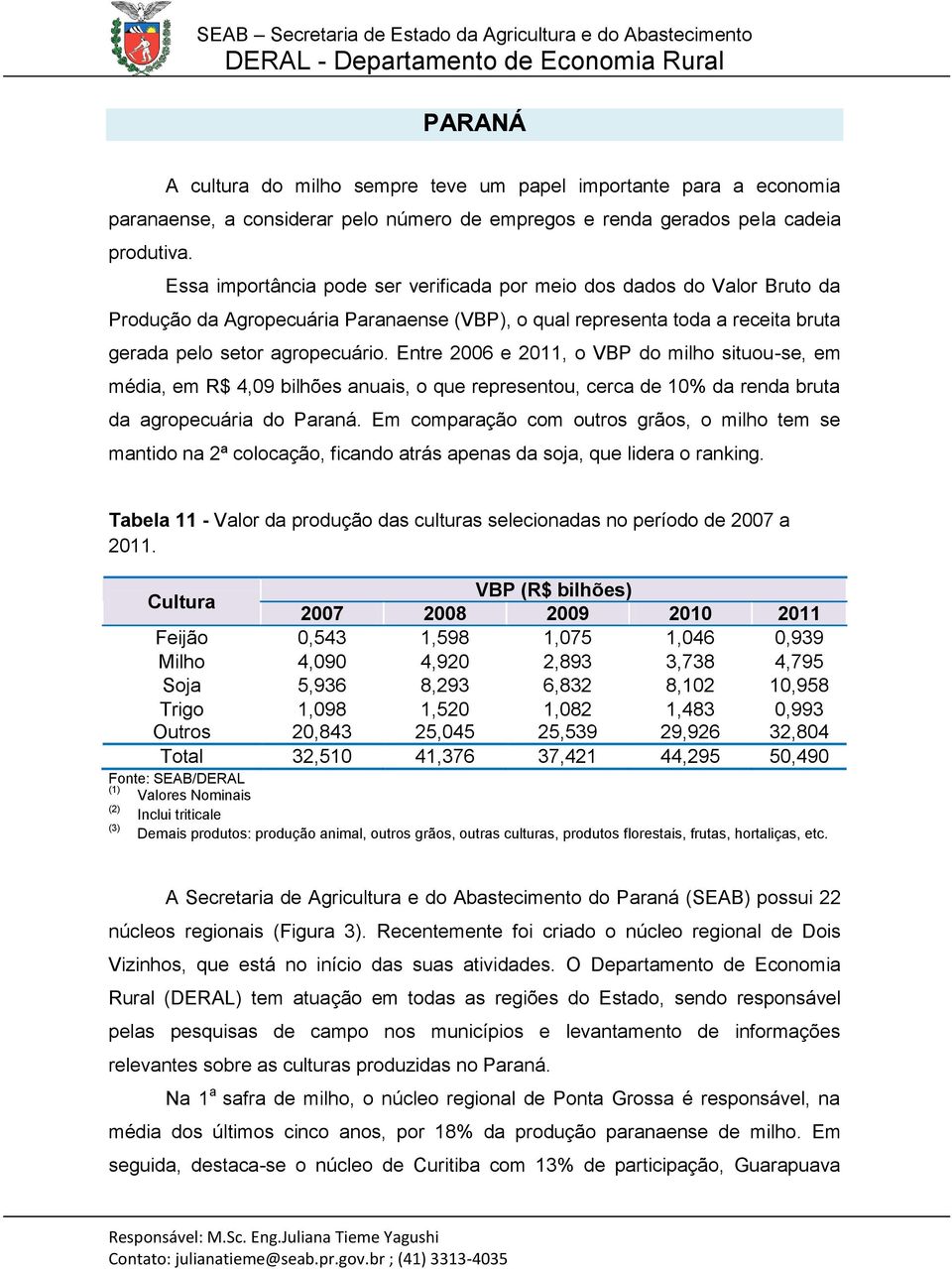 Entre 2006 e 2011, o VBP do milho situou-se, em média, em R$ 4,09 bilhões anuais, o que representou, cerca de 10% da renda bruta da agropecuária do Paraná.