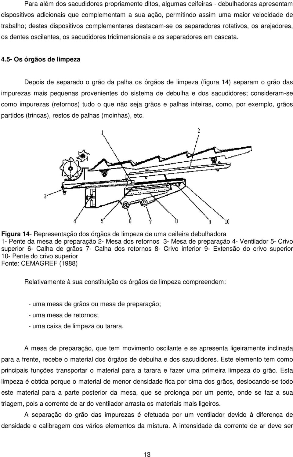 5- Os órgãos de limpeza Depois de separado o grão da palha os órgãos de limpeza (figura 14) separam o grão das impurezas mais pequenas provenientes do sistema de debulha e dos sacudidores;