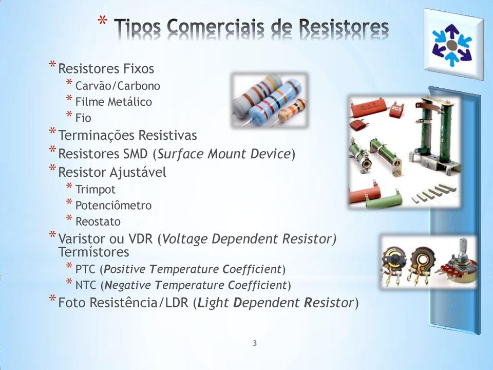 Reostato *Varistor ou VDR (Voltage Dependent Resistor) Termístores * PTC (Positive