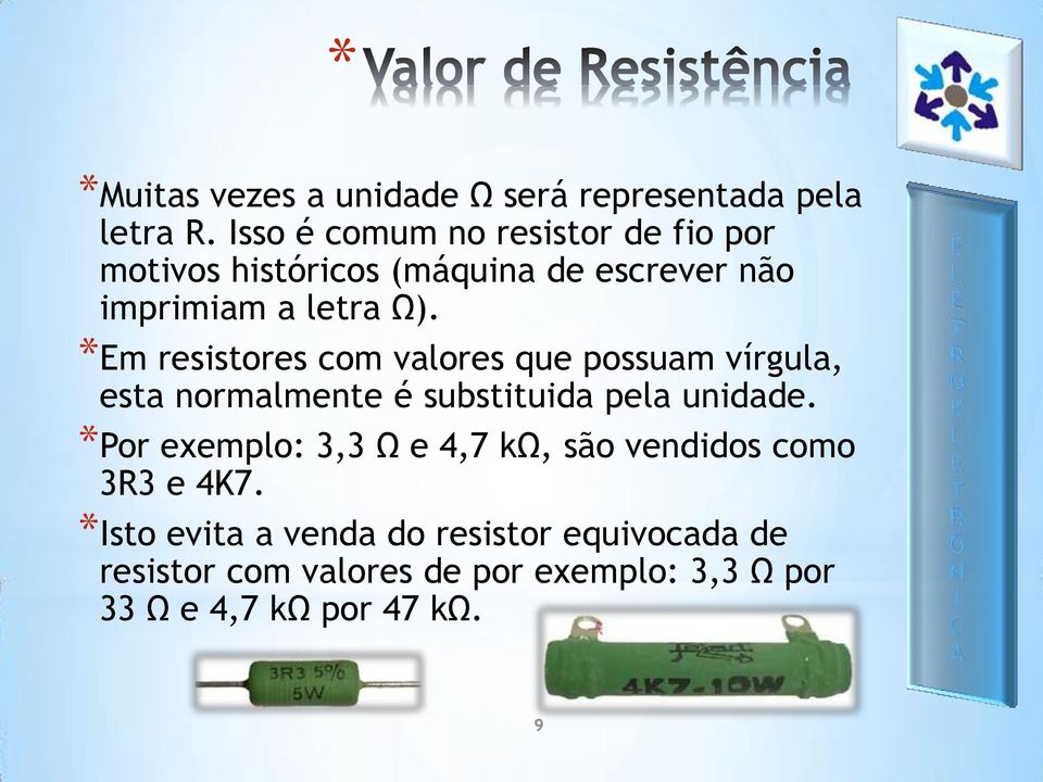*Em resistores com valores que possuam vírgula, esta normalmente é substituida pela unidade.