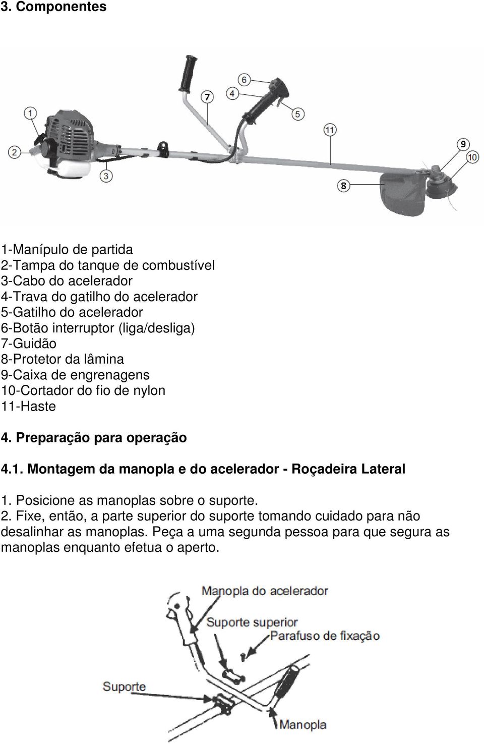 Preparação para operação 4.1. Montagem da manopla e do acelerador - Roçadeira Lateral 1. Posicione as manoplas sobre o suporte. 2.