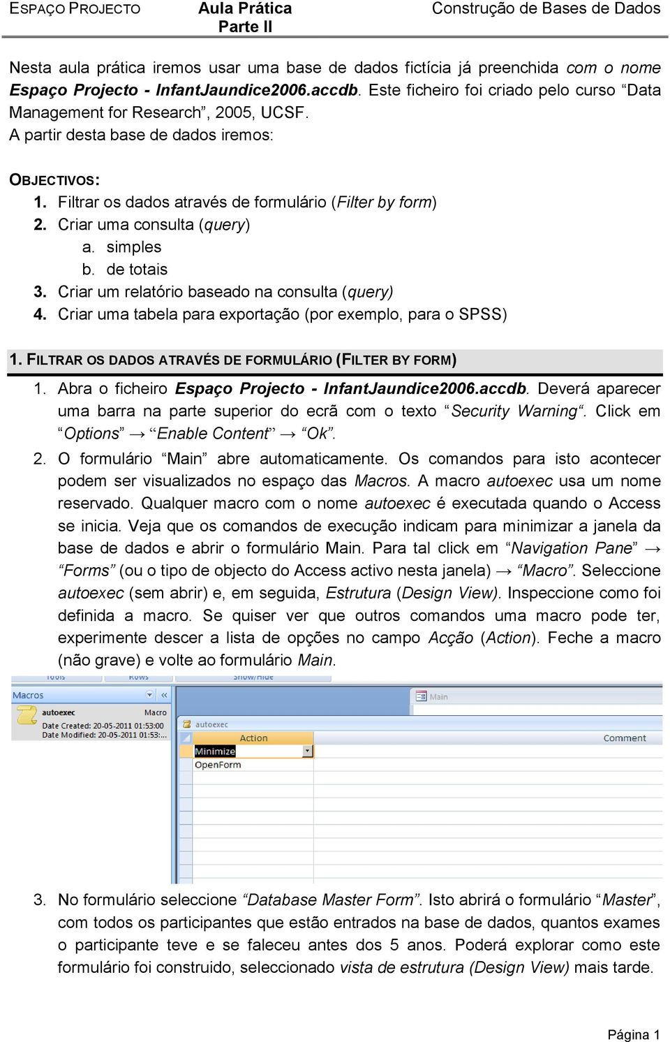 Criar uma consulta (query) a. simples b. de totais 3. Criar um relatório baseado na consulta (query) 4. Criar uma tabela para exportação (por exemplo, para o SPSS) 1.