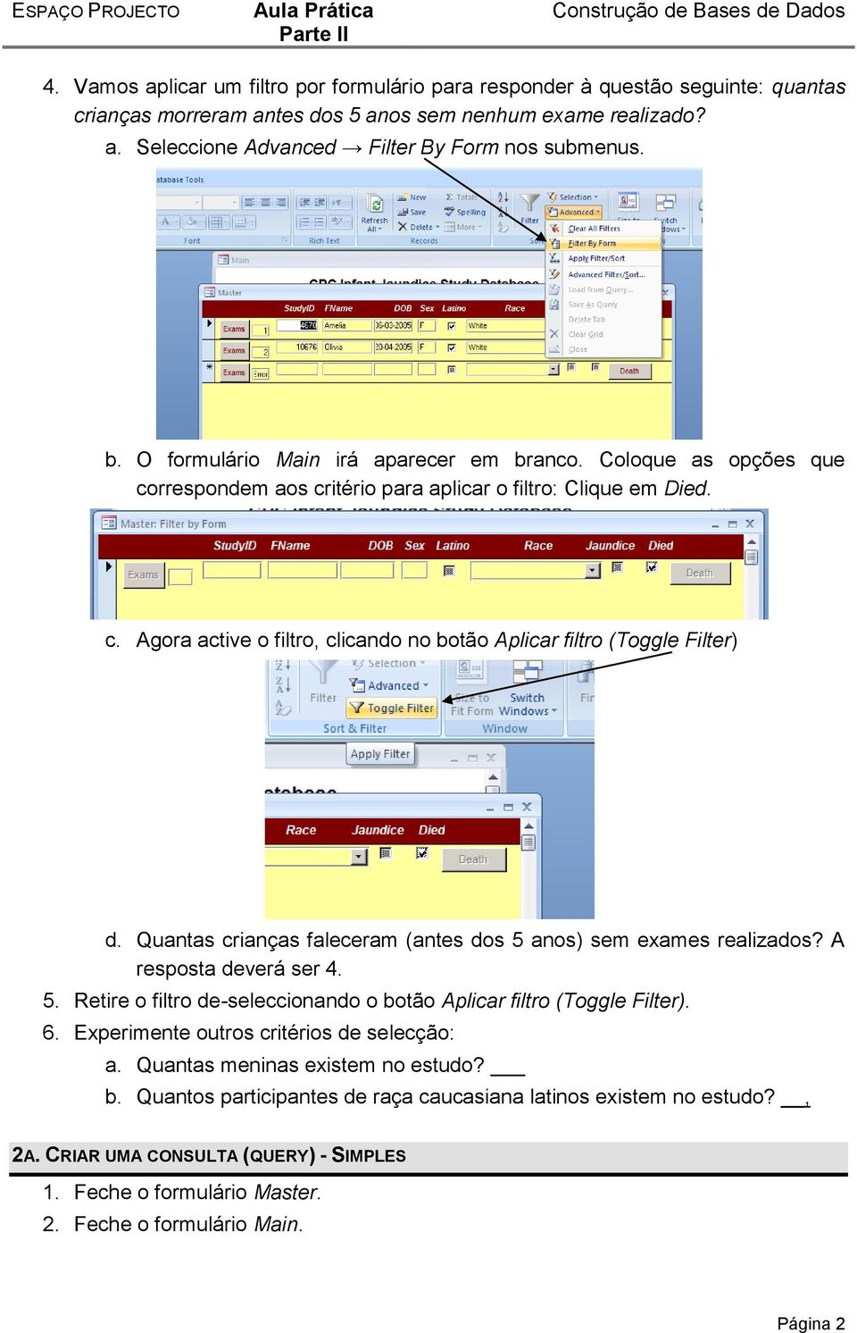 Quantas crianças faleceram (antes dos 5 anos) sem exames realizados? A resposta deverá ser 4. 5. Retire o filtro de-seleccionando o botão Aplicar filtro (Toggle Filter). 6.