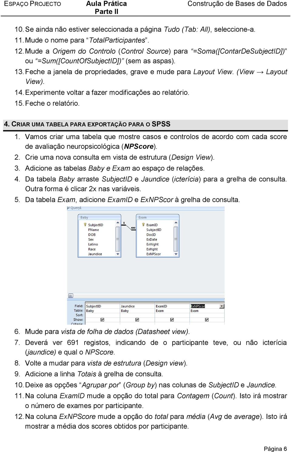 (View Layout View). 14. Experimente voltar a fazer modificações ao relatório. 15. Feche o relatório. 4. CRIAR UMA TABELA PARA EXPORTAÇÃO PARA O SPSS 1.