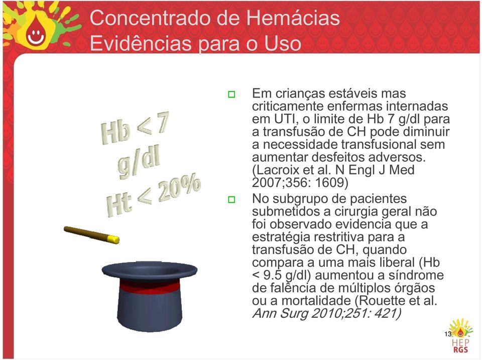 N Engl J Med 2007;356: 1609) No subgrupo de pacientes submetidos a cirurgia geral não foi observado evidencia que a estratégia restritiva para