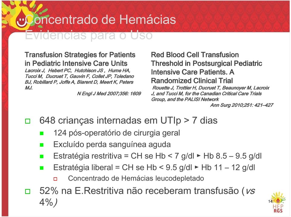 A Randomized Clinical Trial Rouette J, Trottier H, Ducruet T, Beaunoyer M, Lacroix J, and Tucci M, for the Canadian Critical Care Trials Group, and the PALISI Network Ann Surg 2010;251: 421 427 427